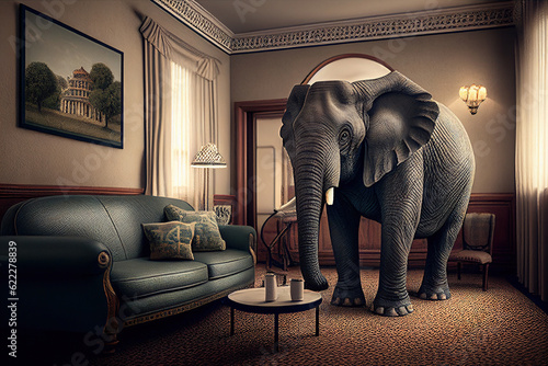 Elephant standing in a living room with a sofa, the elephant in the room concept