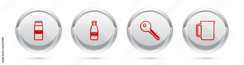 Set line Paper package for milk, Glass bottle and cap, Key and Coffee cup. Silver circle button. Vector Set line Paper package for milk, Glass bottle and cap, Key and Coffee cup. Silver circle button. Vector