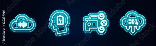 Set line Music streaming service, Head with low battery, Car sharing and Methane emissions reduction. Glowing neon icon. Vector