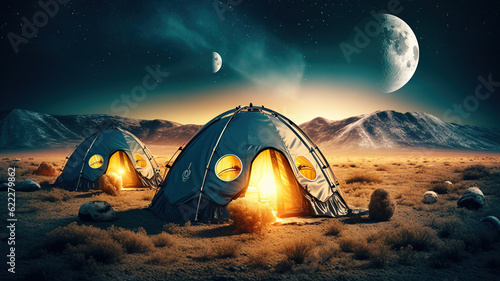 Extraterrestrial camping tents with cozy glowing lights. Alien camping on a planet with two moons. Digital illustration. photo