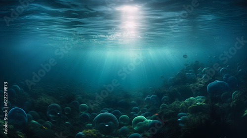 Sunlight illuminating exotic underwater landscape. Bottom of an alien ocean, marine biology. Digital illustration.