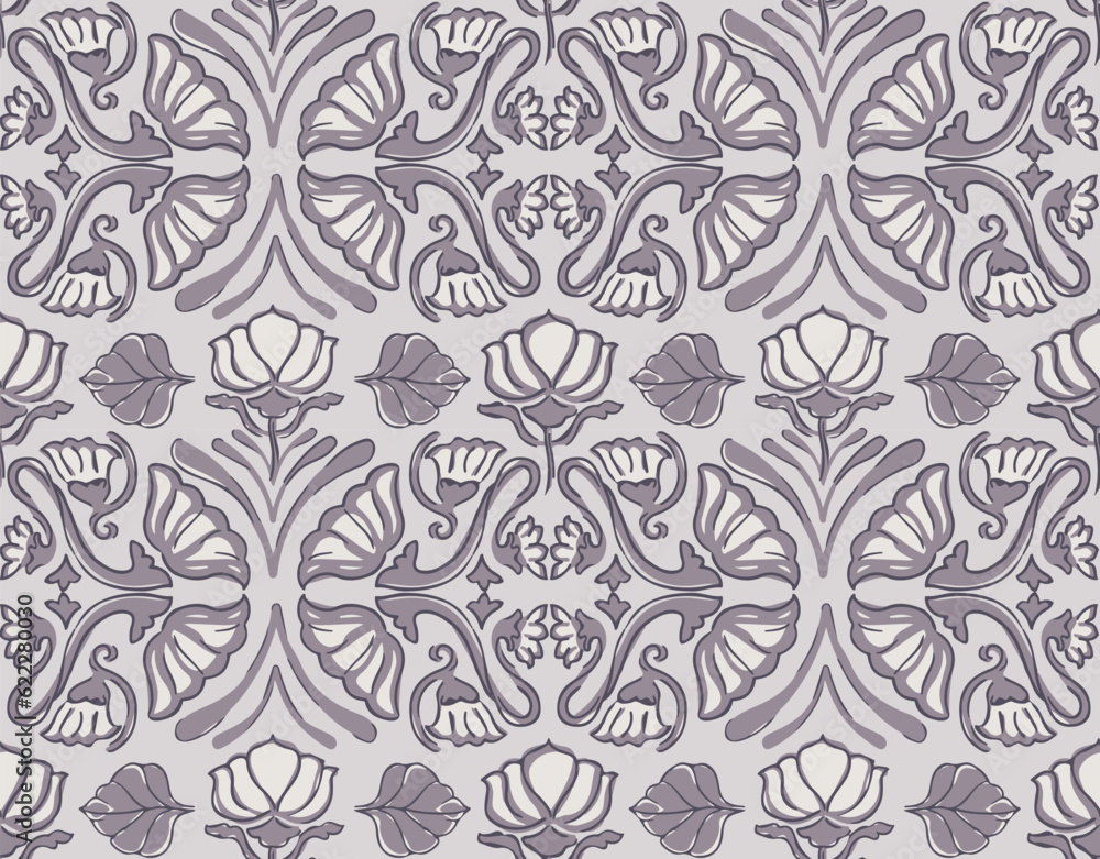 Seamless damask pattern with flowers and leaves, in symmetrical tiled fashion for ornamental decor, wallpaper, packaging, vector background, textiles, fashion, home decor, stationery, scarves and more Seamless damask pattern with flowers and leaves, in symmetrical tiled fashion for ornamental decor, wallpaper, packaging, vector background, textiles, fashion, home decor, stationery, scarves and more
