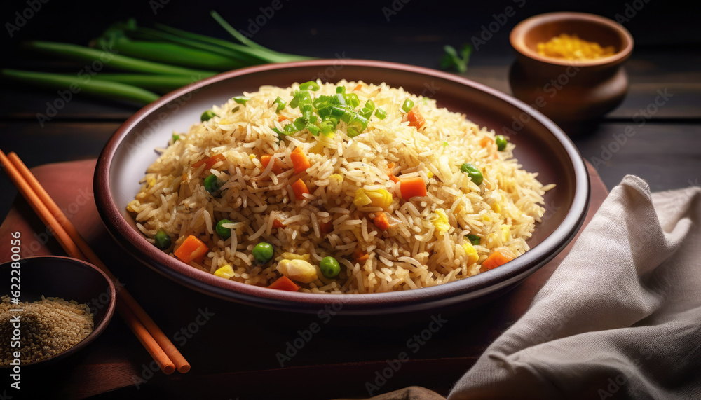Delicious Chinese dish fried rice with fresh vegetables. Healthy eating and vibrant flavors captured in a studio shot. Healthy and delicious dish. Generative AI Delicious Chinese dish fried rice with fresh vegetables. Healthy eating and vibrant flavors captured in a studio shot. Healthy and delicious dish. Generative AI