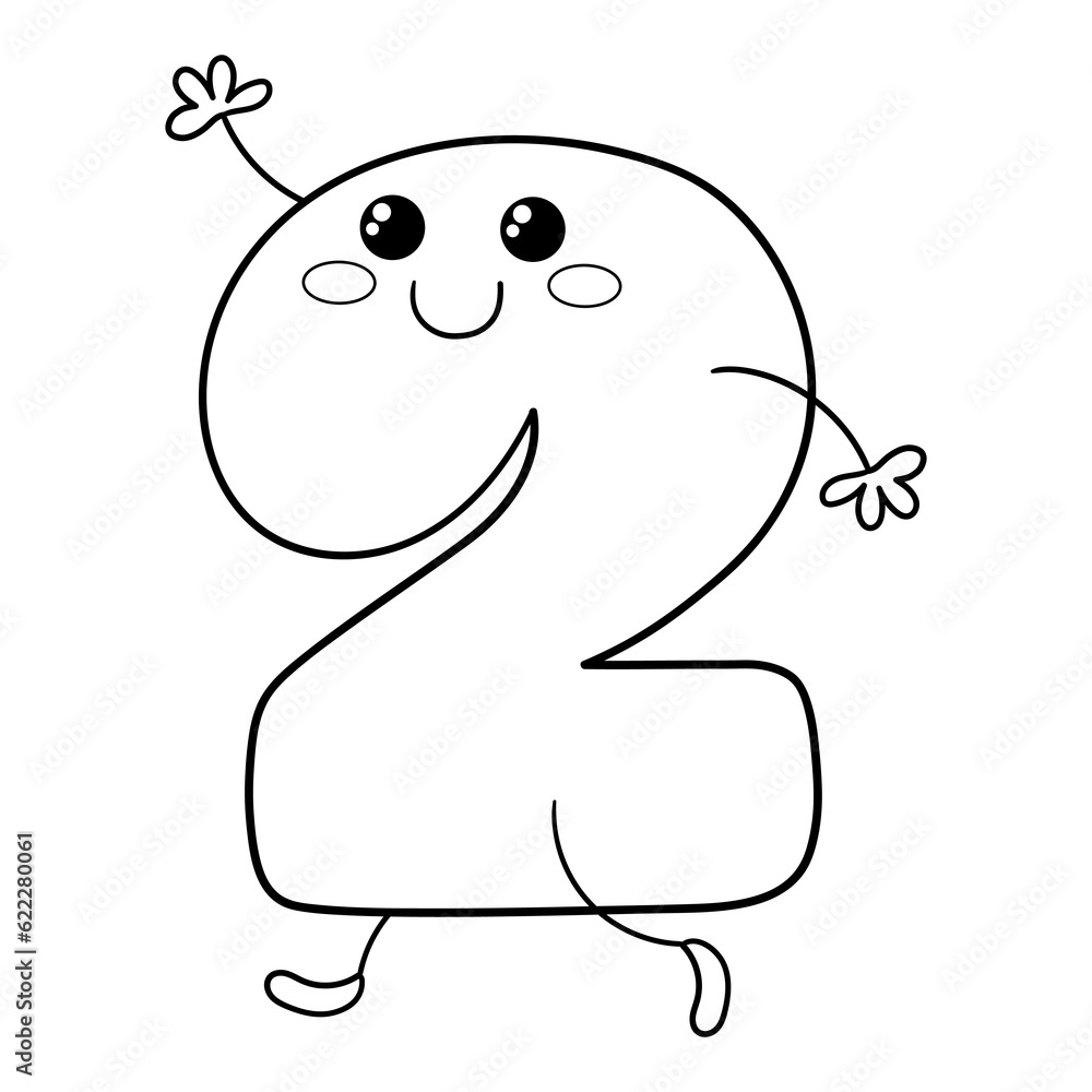 Illustration in black and white of number two in Kawaii style, smiling and with raise arm, coloring page, clipart Illustration in black and white of number two in Kawaii style, smiling and with raise arm, coloring page, clipart