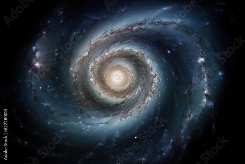 Glowing blue spiral galaxy in deep space, on dark cosmic background. Digital illustration.