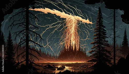 Mysterious Tunguska event, fantasy artwork. A meteor or a failed electricity experiment by Tesla? photo