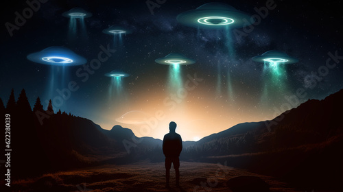 Person in the dark field looking at glowing UFOs flying above. Fermi paradox, mysterious flying saucers.