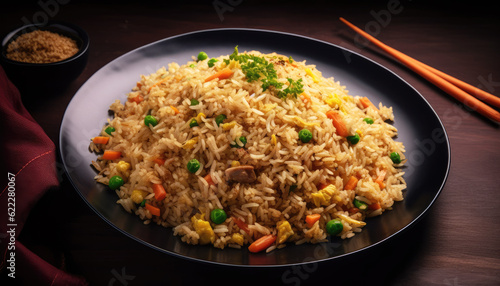 Delicious Chinese dish fried rice with fresh vegetables. Healthy eating and vibrant flavors captured in a studio shot. Healthy and delicious dish. Generative AI