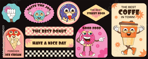 Trendy sticker set with cool retro characters of donut, coffee, ice cream. Mascot branding for cafe, takeaway, breakfast. Fresh bakery menu. Vector illustration.