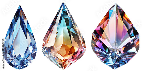 Set of colorful, shining, clear, natural crystals. Drop-shaped glass stones. Isolated on transparent background. KI.