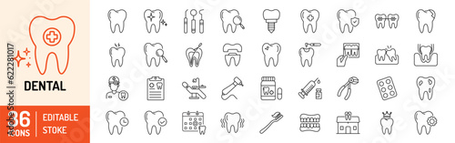 Dental editable stroke outline Icons set. Dentist  care  disease  teeth whitening  removal  broken  root canal  tooth filling and wisdom teeth. Vector illustration
