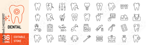 Dental editable stroke outline Icons set. Dentist, care, disease, teeth whitening, removal, broken, root canal, tooth filling and wisdom teeth. Vector illustration
