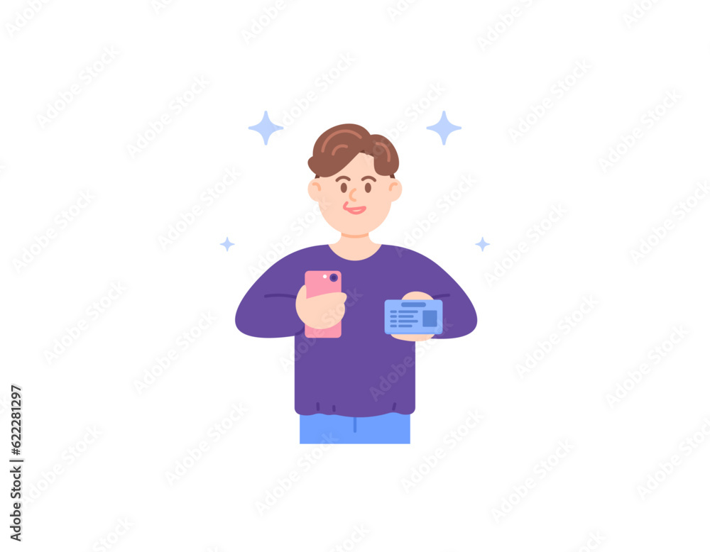 Take a picture of yourself holding an identity card using a smartphone. Selfie with National Identity Card. self-verification for registration. a male character. illustration design. vector elements