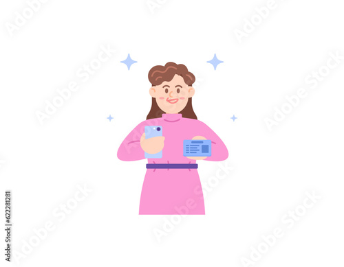 A woman takes a picture of herself holding an identity card using a smartphone. Selfie with National Identity Card. self-verification for registration. the character of people. illustration design