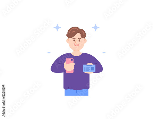 Take a picture of yourself holding an identity card using a smartphone. Selfie with National Identity Card. self-verification for registration. a male character. illustration design. vector elements