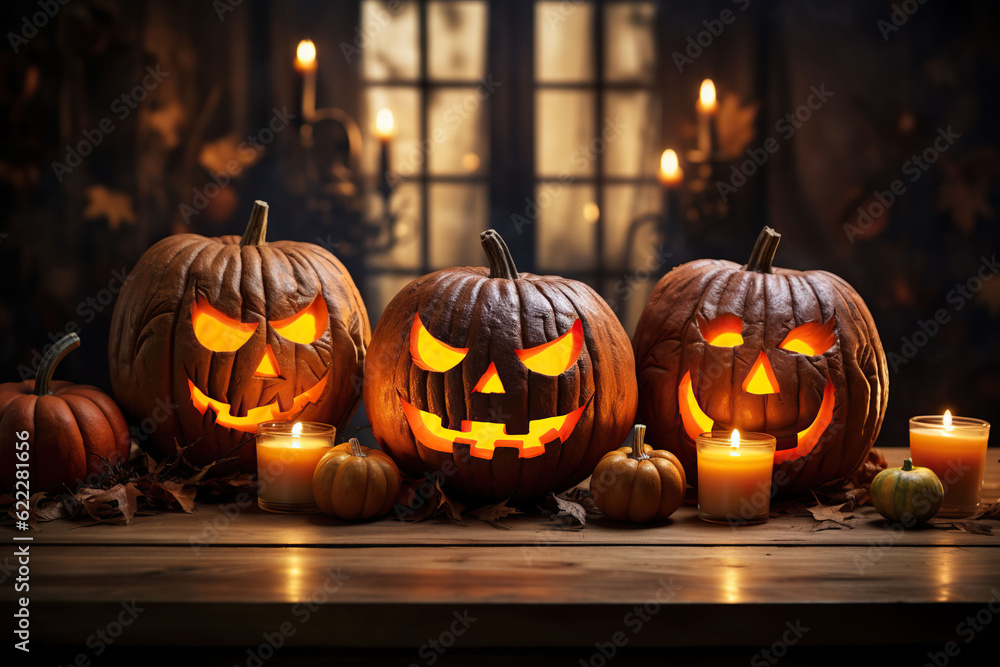 halloween pumpkins on a wooden table, Generative AI halloween pumpkins on a wooden table, Generative AI
