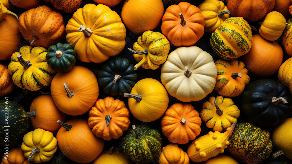 many pumpkins autumn wallpaper top view, Generative AI
