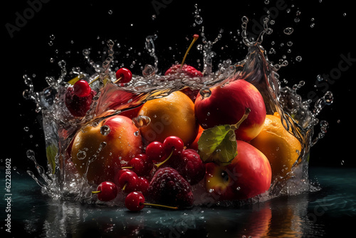 fresh fruits splashing down on water in the dark