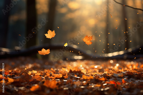 autumn leaves blown by the wind sunny day in the forest  Generative AI