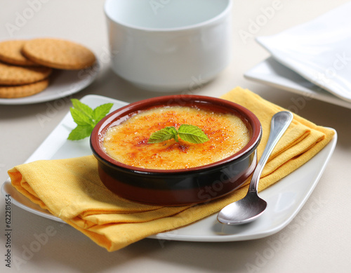 Creme brulee or Catalan cream: traditional dessert of vanilla cream with caramelized sugar on top.