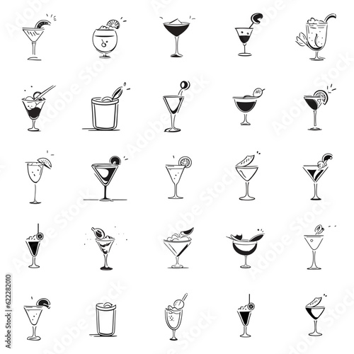 Photo Vector outline alcohol glasses icon set in doodle style