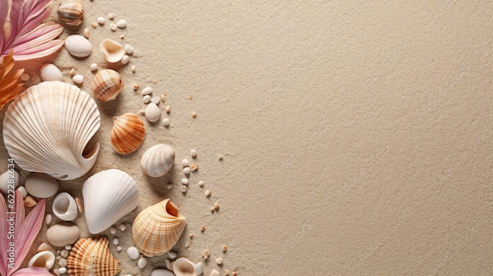 Seashells on the sand, Mockup with a sand background and a summer theme, Generative AI