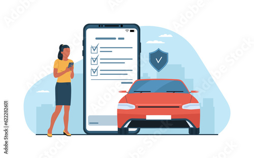 Car insurance concept. A young dark-skinned woman draws up an insurance policy for a car online on a smartphone. Vector illustration.