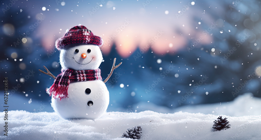 Snowman in Winter Wonderland / Merry Christmas / Cute Red Hat Snowman / Snow – Generative Ai