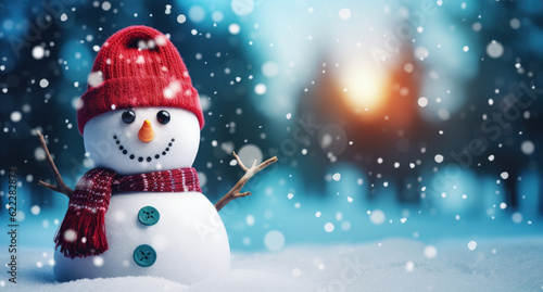 Snowman in Winter Wonderland / Merry Christmas / Cute Red Hat Snowman / Snow – Generative Ai © Unitify