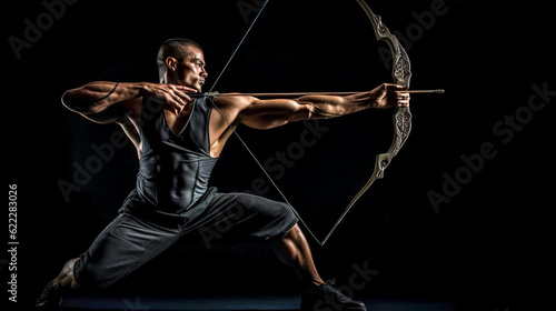 athlete archer competition in sports archery, banner with black background made with Generative AI