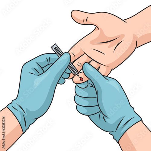 Taking blood from finger for blood test diagram schematic vector illustration. Medical science educational illustration
