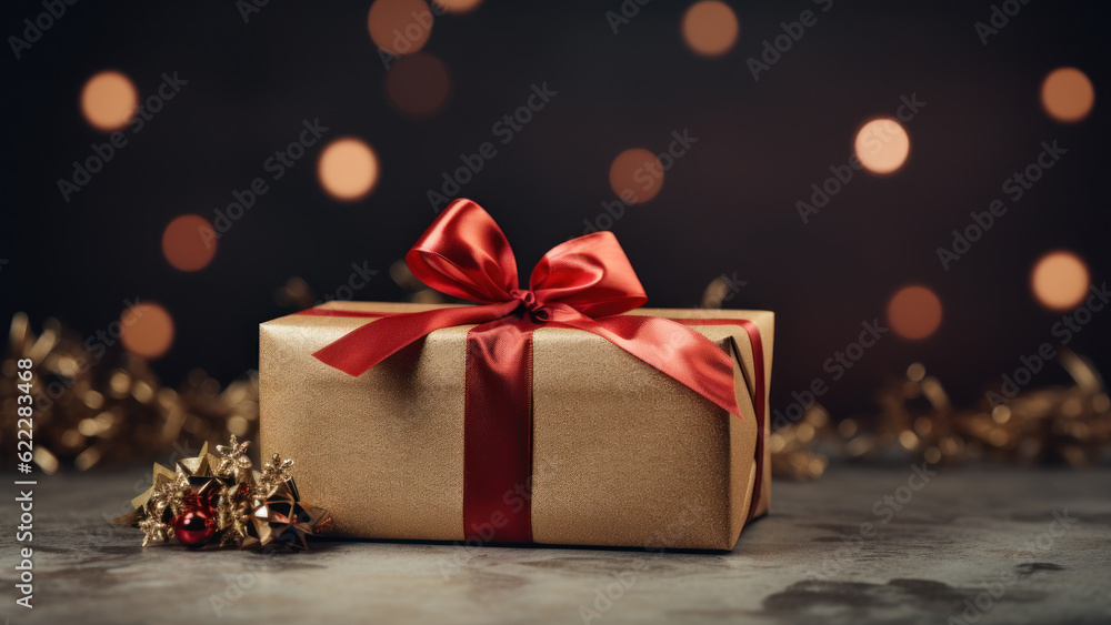 Christmas present wrapped with golden paper. Red ribbon with big bow. Placed on wooden table. Bokeh background. Christmas present wrapped with golden paper. Red ribbon with big bow. Placed on wooden table. Bokeh background.