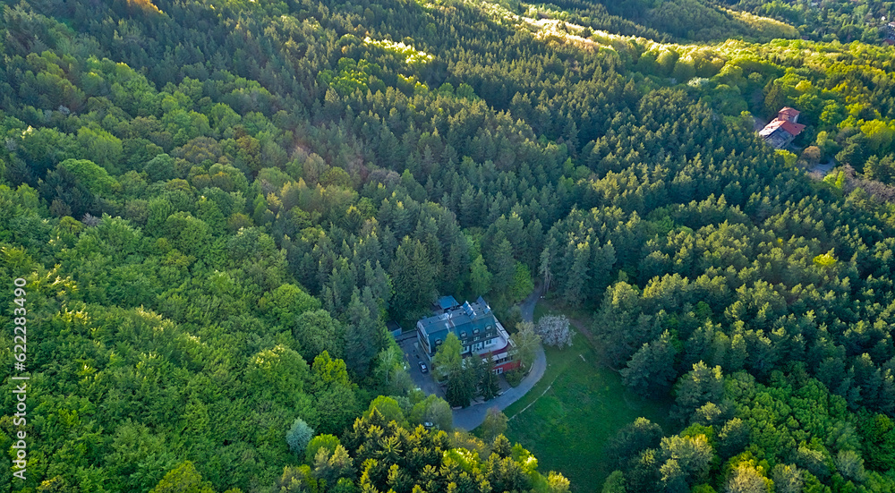 Houses distant far from each other in a dense forest in the mountains in spring, among wild nature. Top view from a drone