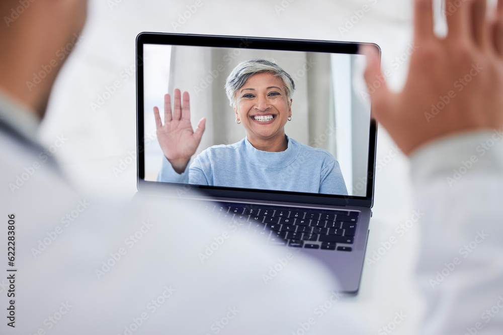 Video call, screen and doctor for virtual support, clinic consultation and healthcare service on laptop. Happy senior patient, medical worker or people wave hello on laptop, telehealth help or advice - obrazy, fototapety, plakaty 
