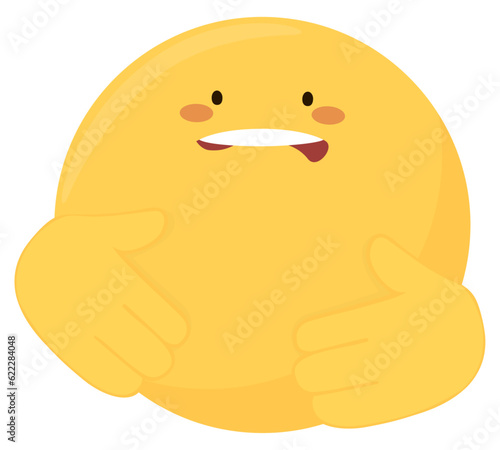 Fat emoji biting lip with teeth. Emoticon worried about his overweight and obesity with his hands on his swollen belly.
Concept of stomach, intestinal, celiac disease, abdominal distension, gastritis
