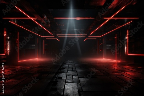 Big stage with red neon light luminance background.