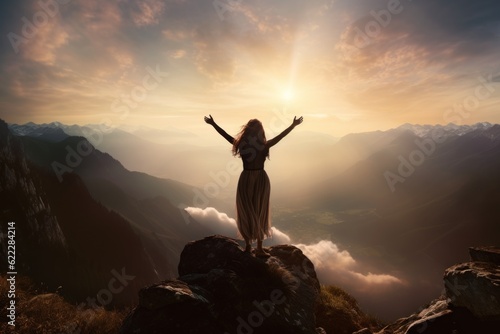 Woman on top of mountain with beautiful sky landscape. 