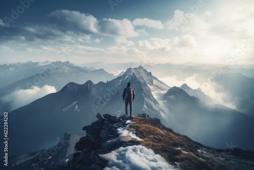 Man on top of mountain with beautiful sky landscape. 