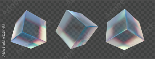 3d transparent flying cube box with crystal prism dispersion. Abstract futuristic translucent object with light spectrum reflection and holographic texture collection. Rough mat plexiglass material.