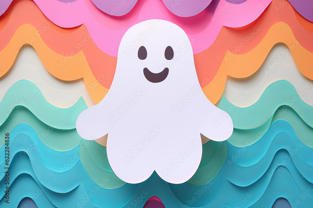 Obraz premium A cute halloween ghost background. Paper cut out illustration style
