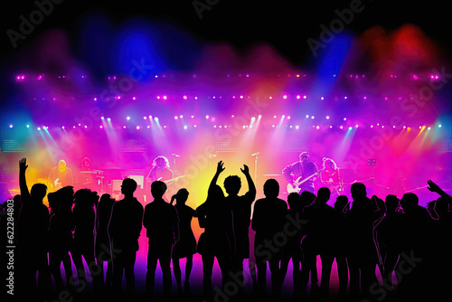Silhouette of people at concert or music festival with neon lights