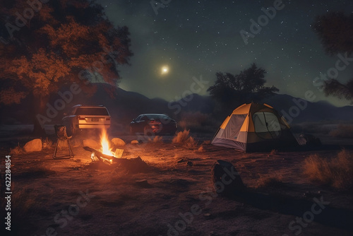 Dispersed camping night scene. Generative AI