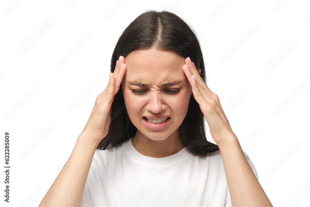 Unhappy young woman squeezing head with hands, suffering from headache. People, stress, tension and migraine concept Unhappy young woman squeezing head with hands, suffering from headache. People, stress, tension and migraine concept