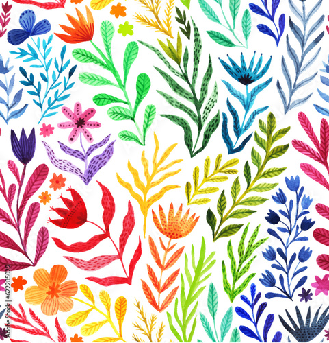 Watercolor floral seamless pattern, summer backdrop. Colorful endless botanical wallpaper, rainbow colors. (ID: 622285029)