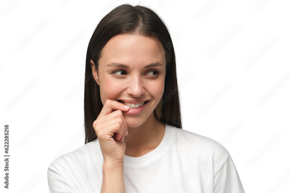 Shy beautiful young woman smiling and touching her lips Shy beautiful young woman smiling and touching her lips