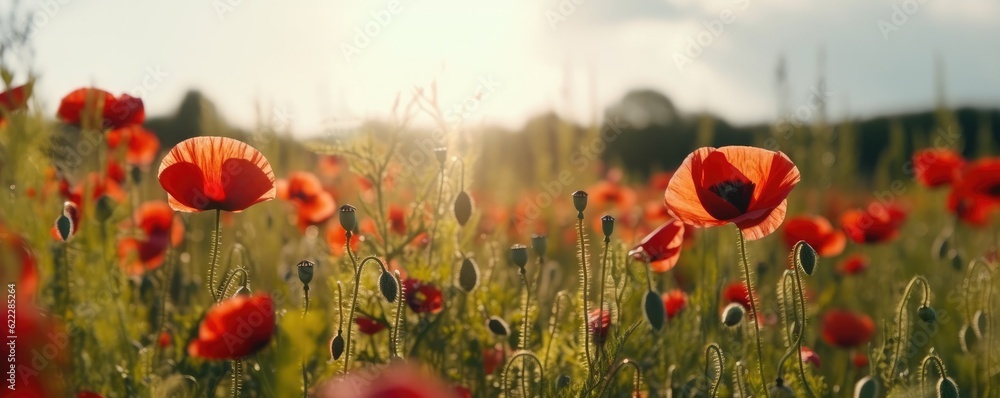 Obraz premium Close up beautiful banner red poppy flowers in summer in nature outdoors on sunny day against blue sky. Blooming poppies in wild. Ai generative.