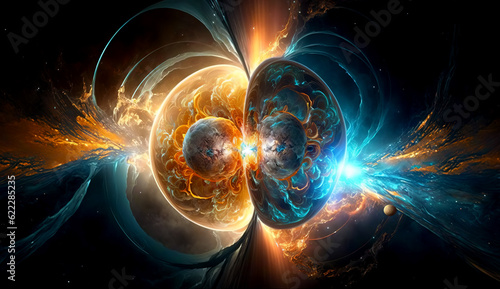 Two worlds colliding, particles of opposite charge collide. Science concept. Red and orange particles get in contact in dark space. Artist’s representation of a scientific concept. photo