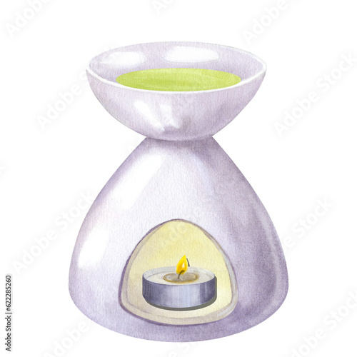 Ceramic aroma lamp with burning candle  essential oil. Hand draw watercolor illustration isolated on white background. For aromatherapy  beauty industry  spa  cosmetology