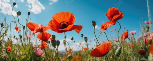 Close up beautiful banner red poppy flowers in summer in nature outdoors on sunny day against blue sky. Blooming poppies in wild. Ai generative.