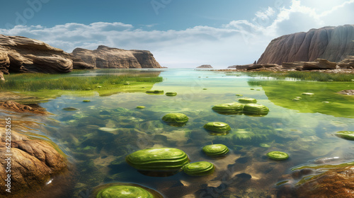 Coastal landscape with primitive ancient lifeforms and green algae in water. Digital illustration.